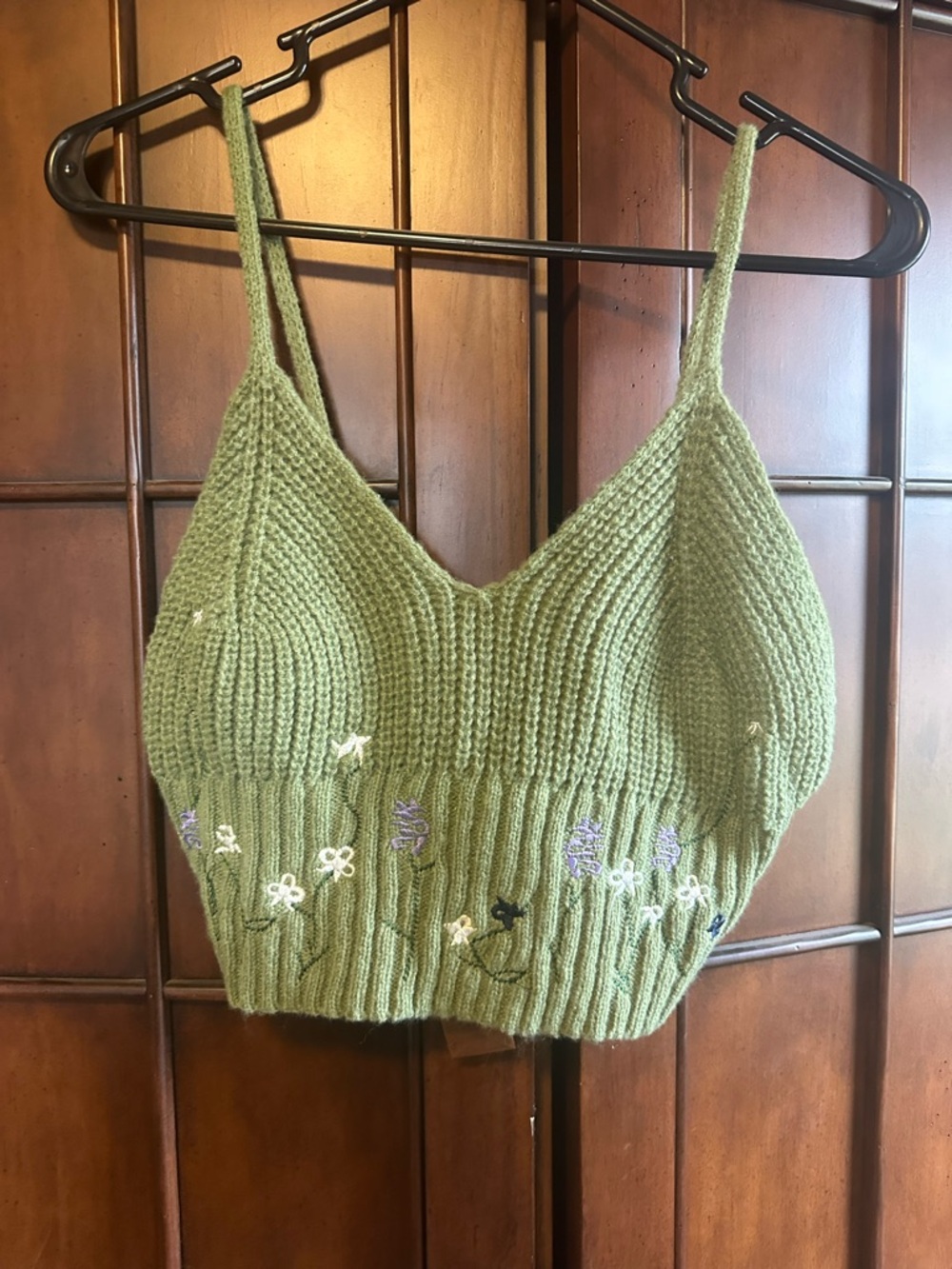 Green Knit Embroidered Cami Tank Top